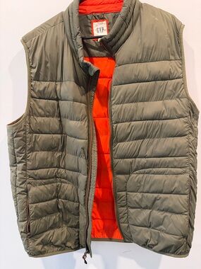 GAP Olive Quilted Reversible Vest with Orange Lining